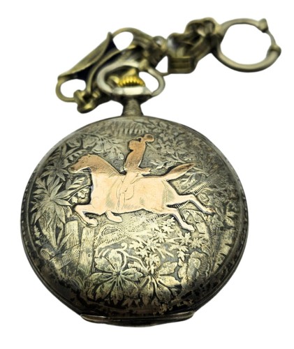 Używany, srebrny zegarek kieszonkowy OMEGA  pięknie zdobiony, inkrustowany złotem z początku XX wieku