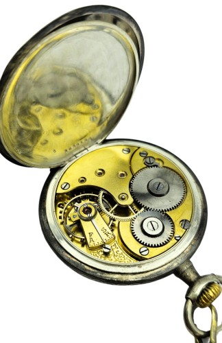 Używany, srebrny zegarek kieszonkowy OMEGA  pięknie zdobiony, inkrustowany złotem z początku XX wieku