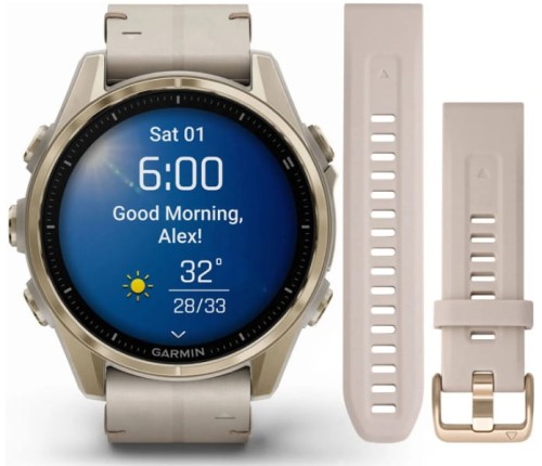 Zegarek GARMIN FENIX 8 43 mm SAPPHIRE AMOLED SOLAR 010-02903-40 SMARTWATCH (010-02903-40) Soft gold ze skórzanym paskiem