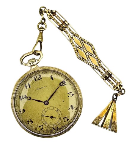 Używany, złoty (14k) zegarek kieszonkowy DOXA pięknie zdobiony z dewizką