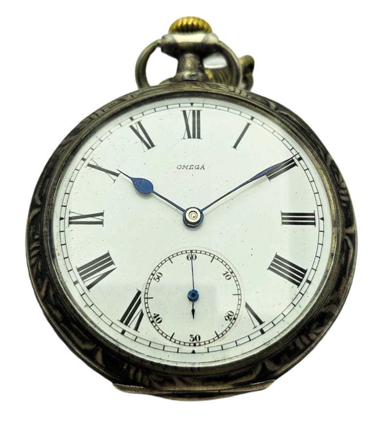 Używany, srebrny zegarek kieszonkowy OMEGA  pięknie zdobiony, inkrustowany złotem z początku XX wieku