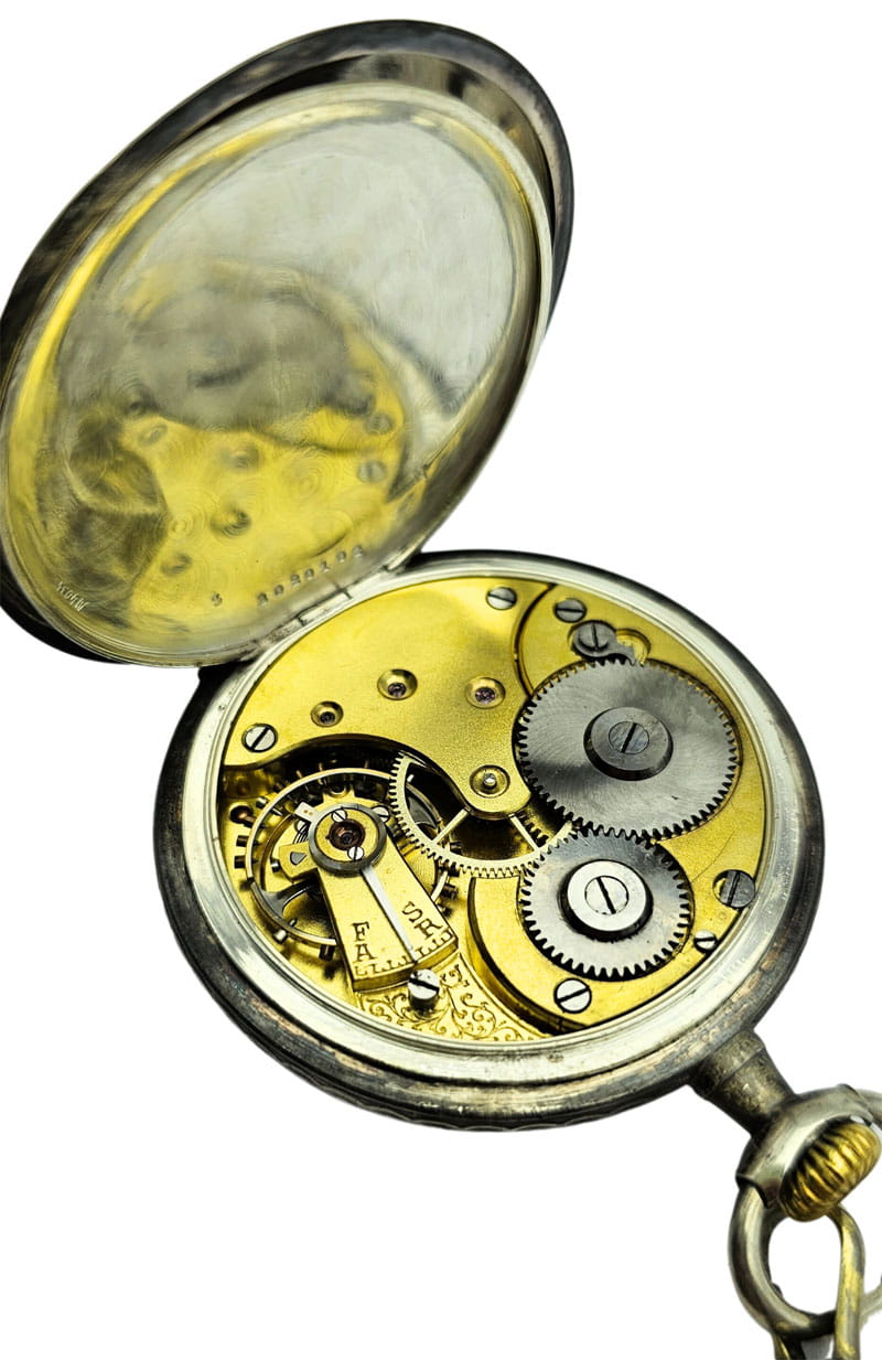 Używany, srebrny zegarek kieszonkowy OMEGA  pięknie zdobiony, inkrustowany złotem z początku XX wieku