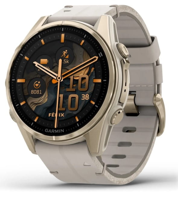 Zegarek GARMIN FENIX 8 43 mm SAPPHIRE AMOLED SOLAR 010-02903-40 SMARTWATCH (010-02903-40) Soft gold ze skórzanym paskiem