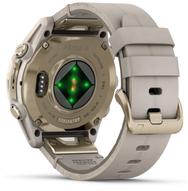 Zegarek GARMIN FENIX 8 43 mm SAPPHIRE AMOLED SOLAR 010-02903-40 SMARTWATCH (010-02903-40) Soft gold ze skórzanym paskiem