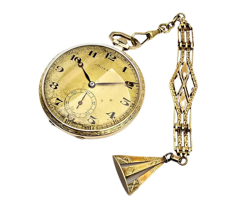 Używany, złoty (14k) zegarek kieszonkowy DOXA pięknie zdobiony z dewizką