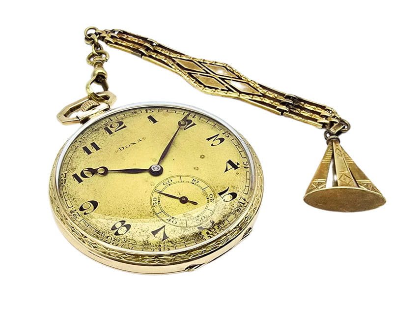 Używany, złoty (14k) zegarek kieszonkowy DOXA pięknie zdobiony z dewizką