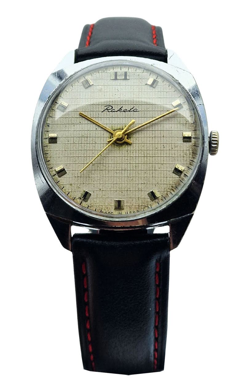 Zegarek-raketa-linen-lniana-tarcza-vintage-lata-70.