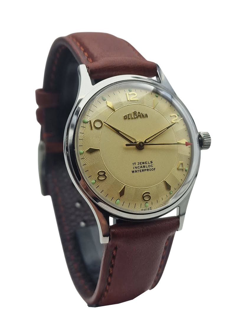 Piękna Delbana 17 Jewels F465 - Złota tarcza, idealny stan!