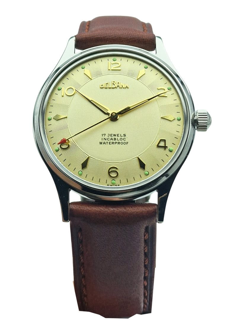 Piękna Delbana 17 Jewels F465 - Złota tarcza, idealny stan! Nakręcany