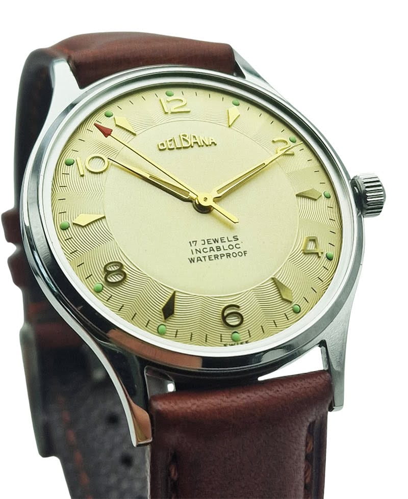 Piękna Delbana 17 Jewels F465 - Złota tarcza, idealny stan!