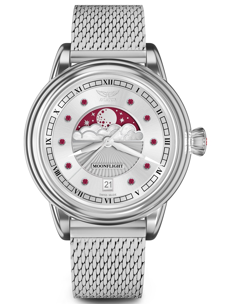 Zegarek Aviator Douglas Moonflight Gemstone Edition Silver Red Ruby V.1.33.0.419.5 (V13304195)